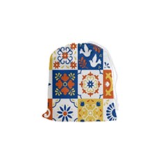 Mexican-talavera-pattern-ceramic-tiles-with-flower-leaves-bird-ornaments-traditional-majolica-style- Drawstring Pouch (small) by Ket1n9