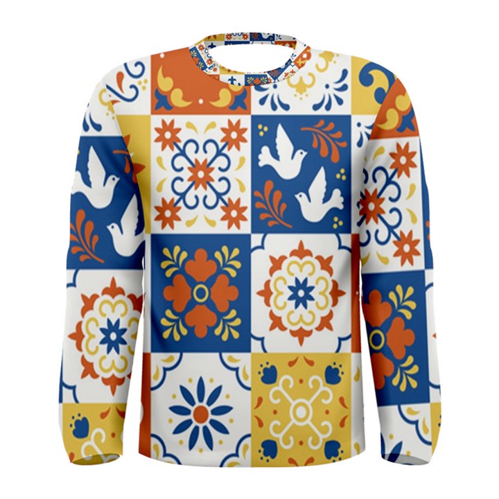 Mexican-talavera-pattern-ceramic-tiles-with-flower-leaves-bird-ornaments-traditional-majolica-style- Men s Long Sleeve T-Shirt