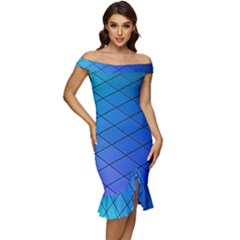 Blue Pattern Plain Cartoon Off Shoulder Ruffle Split Hem Bodycon Dress by Ket1n9