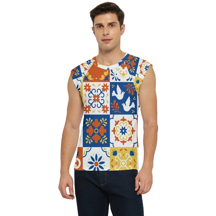 Mexican-talavera-pattern-ceramic-tiles-with-flower-leaves-bird-ornaments-traditional-majolica-style- Men s Raglan Cap Sleeve T-Shirt