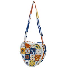 Mexican-talavera-pattern-ceramic-tiles-with-flower-leaves-bird-ornaments-traditional-majolica-style- Heart Shoulder Bag by Ket1n9