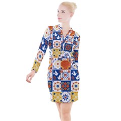 Mexican-talavera-pattern-ceramic-tiles-with-flower-leaves-bird-ornaments-traditional-majolica-style- Button Long Sleeve Dress by Ket1n9