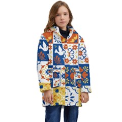 Mexican-talavera-pattern-ceramic-tiles-with-flower-leaves-bird-ornaments-traditional-majolica-style- Kids  Hooded Longline Puffer Jacket by Ket1n9