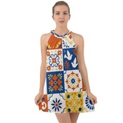 Mexican-talavera-pattern-ceramic-tiles-with-flower-leaves-bird-ornaments-traditional-majolica-style- Halter Tie Back Chiffon Dress by Ket1n9