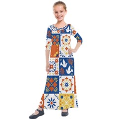 Mexican-talavera-pattern-ceramic-tiles-with-flower-leaves-bird-ornaments-traditional-majolica-style- Kids  Quarter Sleeve Maxi Dress by Ket1n9