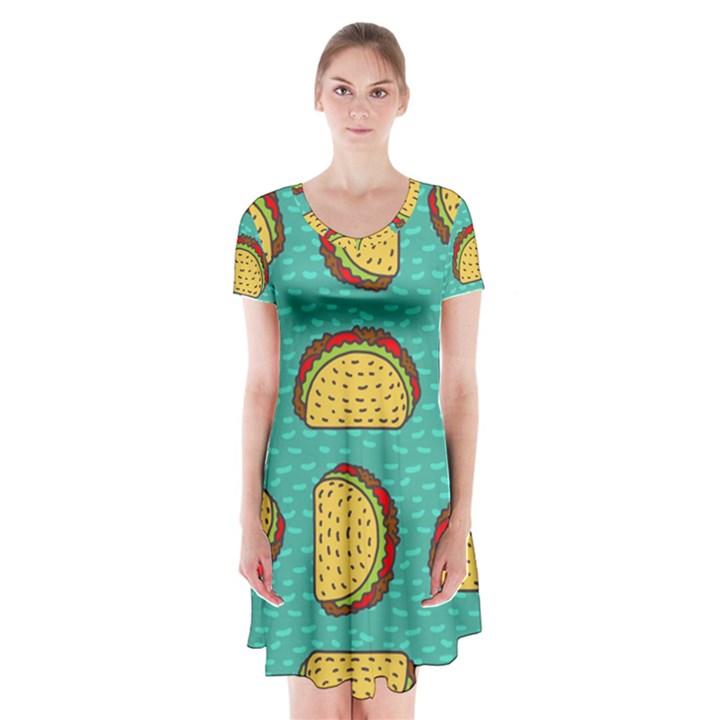 Taco-drawing-background-mexican-fast-food-pattern Short Sleeve V-neck Flare Dress