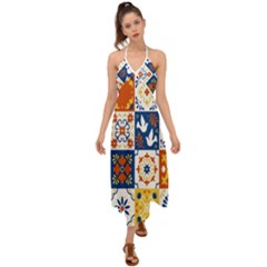 Mexican-talavera-pattern-ceramic-tiles-with-flower-leaves-bird-ornaments-traditional-majolica-style- Halter Tie Back Dress  by Ket1n9