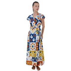 Mexican-talavera-pattern-ceramic-tiles-with-flower-leaves-bird-ornaments-traditional-majolica-style- Flutter Sleeve Maxi Dress by Ket1n9