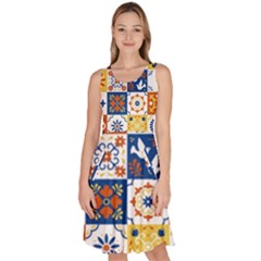 Mexican-talavera-pattern-ceramic-tiles-with-flower-leaves-bird-ornaments-traditional-majolica-style- Knee Length Skater Dress With Pockets by Ket1n9