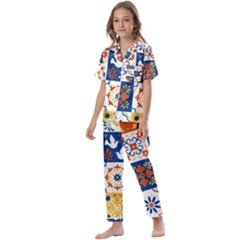 Mexican-talavera-pattern-ceramic-tiles-with-flower-leaves-bird-ornaments-traditional-majolica-style- Kids  Satin Short Sleeve Pajamas Set by Ket1n9