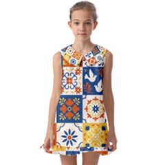 Mexican-talavera-pattern-ceramic-tiles-with-flower-leaves-bird-ornaments-traditional-majolica-style- Kids  Pilgrim Collar Ruffle Hem Dress by Ket1n9