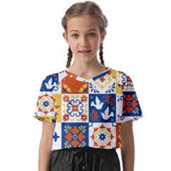 Mexican-talavera-pattern-ceramic-tiles-with-flower-leaves-bird-ornaments-traditional-majolica-style- Kids  Basic T-shirt by Ket1n9