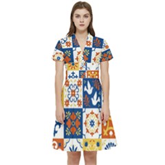 Mexican-talavera-pattern-ceramic-tiles-with-flower-leaves-bird-ornaments-traditional-majolica-style- Short Sleeve Waist Detail Dress by Ket1n9