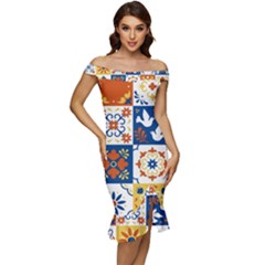 Mexican-talavera-pattern-ceramic-tiles-with-flower-leaves-bird-ornaments-traditional-majolica-style- Off Shoulder Ruffle Split Hem Bodycon Dress by Ket1n9