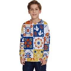 Mexican-talavera-pattern-ceramic-tiles-with-flower-leaves-bird-ornaments-traditional-majolica-style- Kids  Crewneck Sweatshirt by Ket1n9