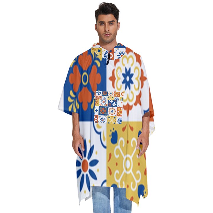 Mexican-talavera-pattern-ceramic-tiles-with-flower-leaves-bird-ornaments-traditional-majolica-style- Men s Hooded Rain Ponchos