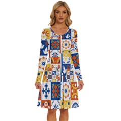 Mexican-talavera-pattern-ceramic-tiles-with-flower-leaves-bird-ornaments-traditional-majolica-style- Long Sleeve Dress With Pocket by Ket1n9