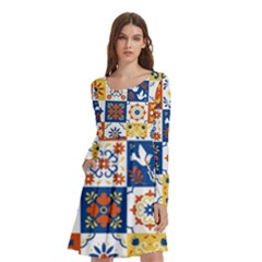 Mexican-talavera-pattern-ceramic-tiles-with-flower-leaves-bird-ornaments-traditional-majolica-style- Long Sleeve Knee Length Skater Dress With Pockets by Ket1n9