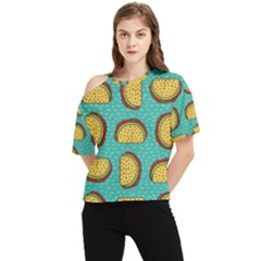 Taco-drawing-background-mexican-fast-food-pattern One Shoulder Cut Out T-shirt by Ket1n9