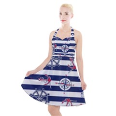 Seamless-marine-pattern Halter Party Swing Dress  by Ket1n9