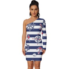 Seamless-marine-pattern Long Sleeve One Shoulder Mini Dress by Ket1n9