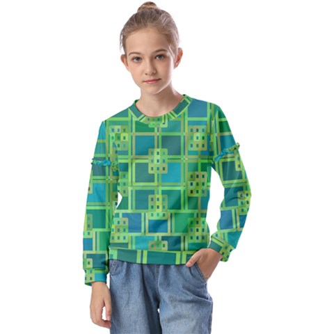 Green-abstract-geometric Kids  Long Sleeve T-shirt With Frill  by Ket1n9