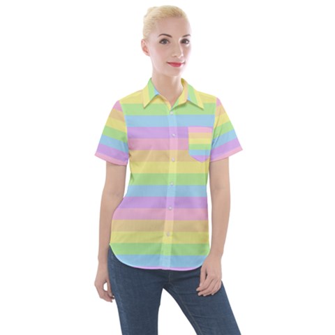 Cute Pastel Rainbow Stripes Women s Short Sleeve Pocket Shirt by Ket1n9