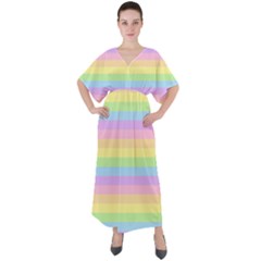 Cute Pastel Rainbow Stripes V-neck Boho Style Maxi Dress by Ket1n9