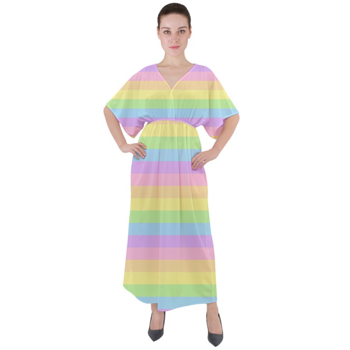 Cute Pastel Rainbow Stripes V-Neck Boho Style Maxi Dress