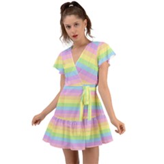 Cute Pastel Rainbow Stripes Flutter Sleeve Wrap Dress by Ket1n9