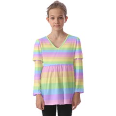 Cute Pastel Rainbow Stripes Kids  V Neck Casual Top by Ket1n9