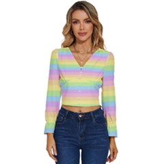 Cute Pastel Rainbow Stripes Long Sleeve V-neck Top by Ket1n9