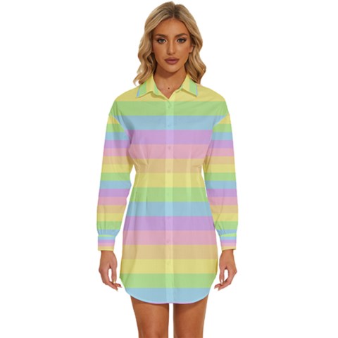 Cute Pastel Rainbow Stripes Womens Long Sleeve Shirt Dress by Ket1n9