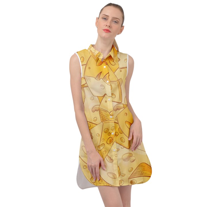 Cheese-slices-seamless-pattern-cartoon-style Sleeveless Shirt Dress