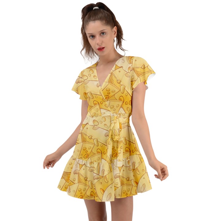 Cheese-slices-seamless-pattern-cartoon-style Flutter Sleeve Wrap Dress