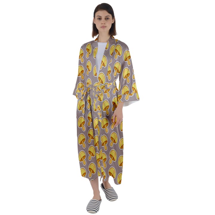 Yellow-mushroom-pattern Maxi Satin Kimono