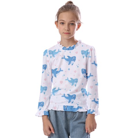 Seamless-pattern-with-cute-sharks-hearts Kids  Frill Detail T-shirt by Ket1n9