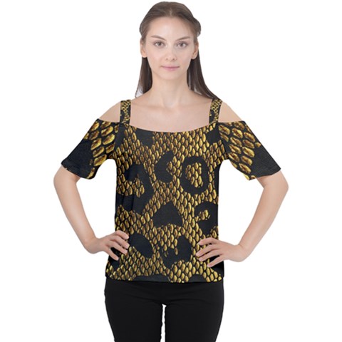 Metallic Snake Skin Pattern Cutout Shoulder T-shirt by Ket1n9