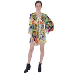 Multicolor Anime Colors Colorful V-neck Flare Sleeve Mini Dress by Ket1n9