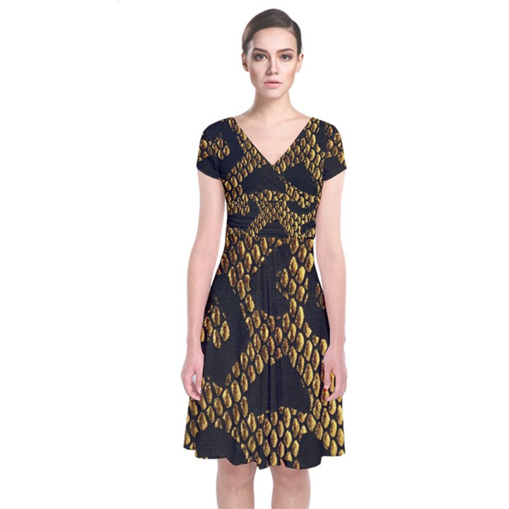 Metallic Snake Skin Pattern Short Sleeve Front Wrap Dress