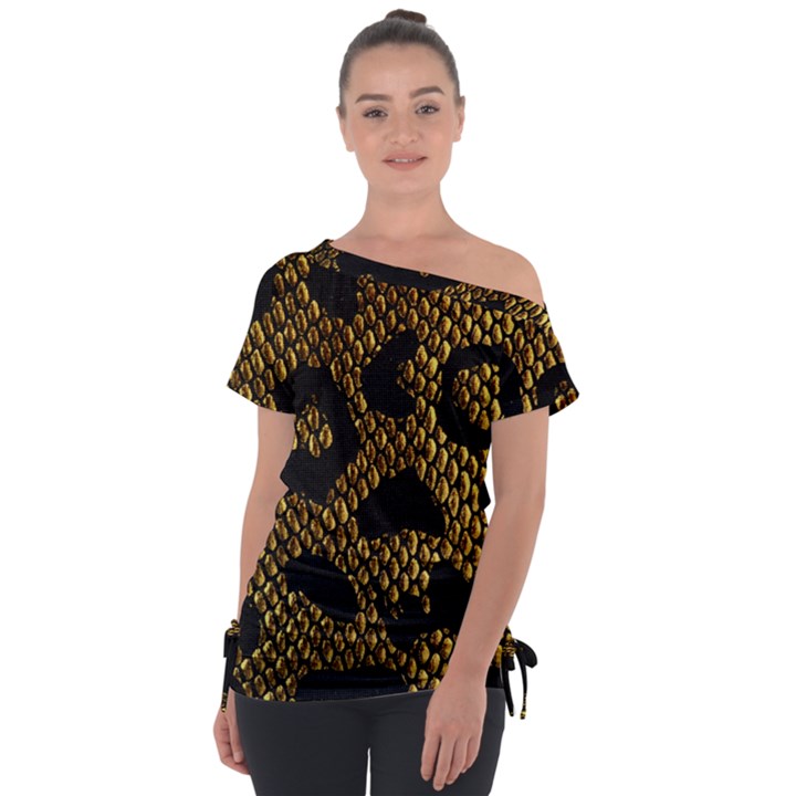 Metallic Snake Skin Pattern Off Shoulder Tie-Up T-Shirt