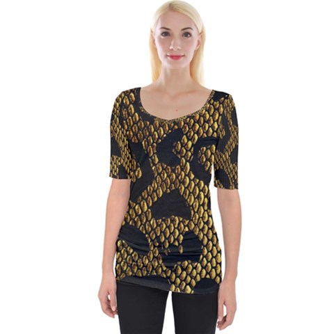 Metallic Snake Skin Pattern Wide Neckline T-shirt by Ket1n9