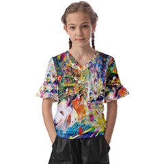 Multicolor Anime Colors Colorful Kids  V-neck Horn Sleeve Blouse by Ket1n9