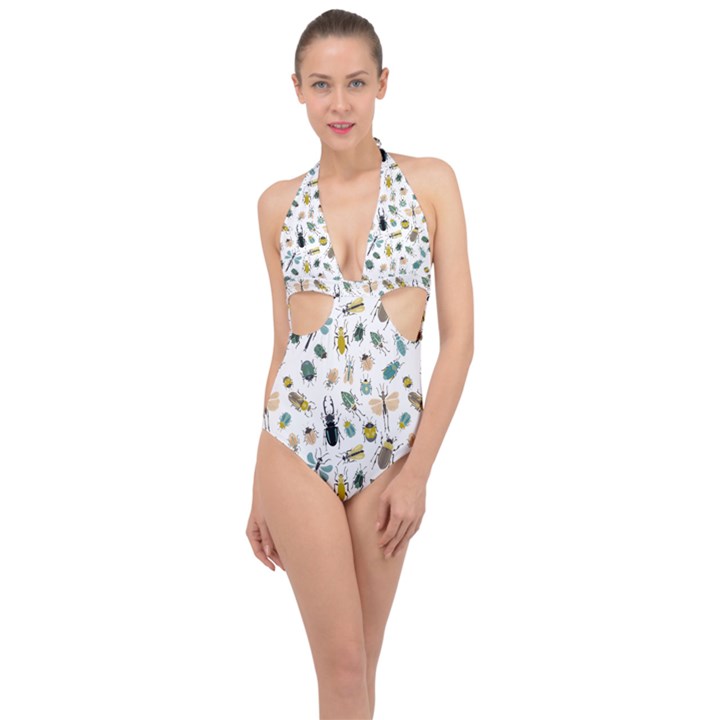 Insect Animal Pattern Halter Front Plunge Swimsuit