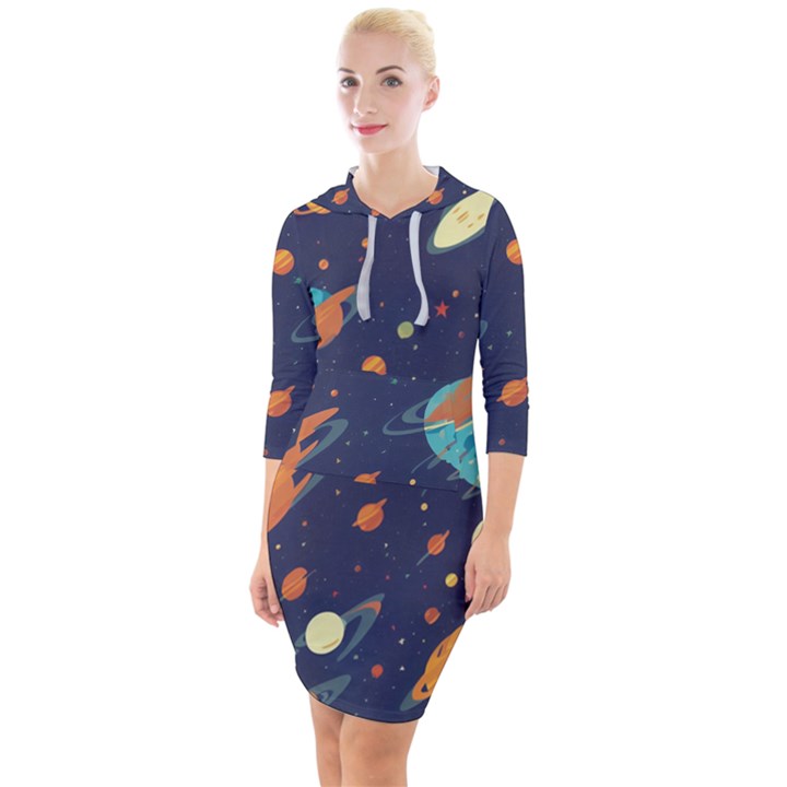 Space Galaxy Planet Universe Stars Night Fantasy Quarter Sleeve Hood Bodycon Dress