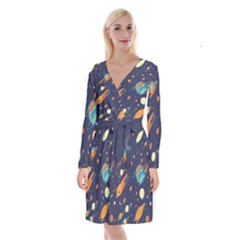 Space Galaxy Planet Universe Stars Night Fantasy Long Sleeve Velvet Front Wrap Dress by Ket1n9