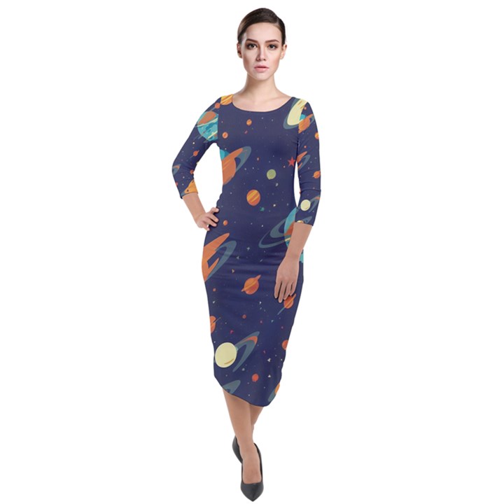 Space Galaxy Planet Universe Stars Night Fantasy Quarter Sleeve Midi Velour Bodycon Dress