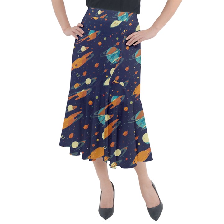 Space Galaxy Planet Universe Stars Night Fantasy Midi Mermaid Skirt