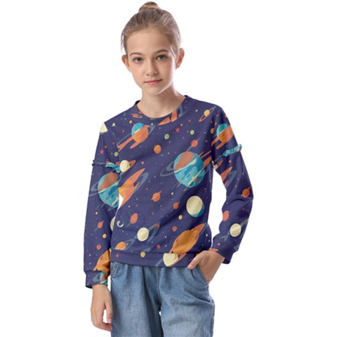 Space Galaxy Planet Universe Stars Night Fantasy Kids  Long Sleeve T-shirt With Frill  by Ket1n9