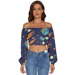 Space Galaxy Planet Universe Stars Night Fantasy Long Sleeve Crinkled Weave Crop Top by Ket1n9